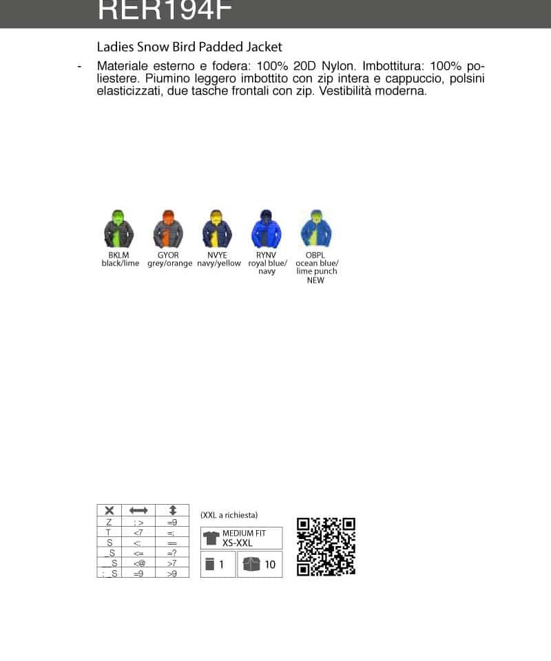 Piumino donna leggero imbottito Result RER194F scheda tecnica