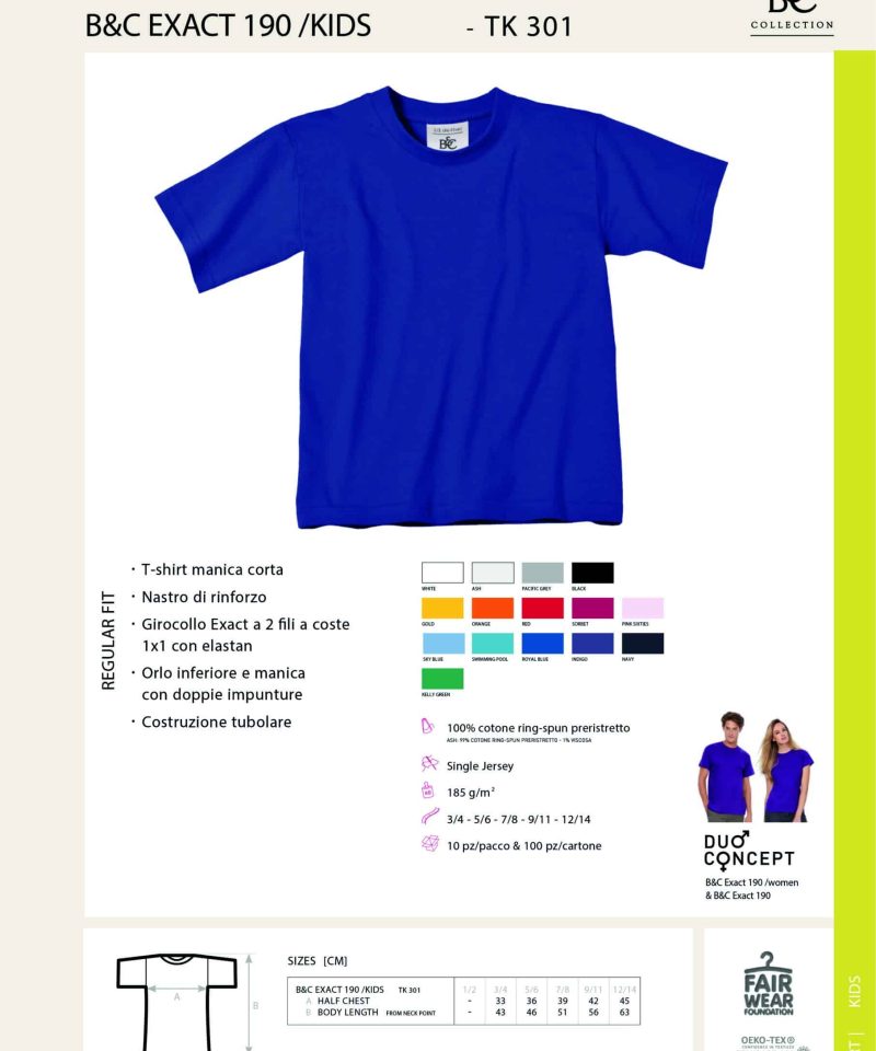 T-shirt bambino in cotone pesante BC Collection BCTK301 27 BCTK301 scheda tecnica -01