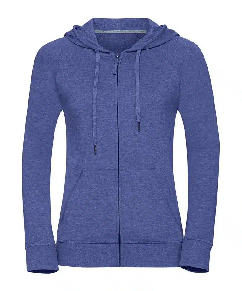 Felpa-Donna-con-cerniera-cappuccio-foderato-con-cordoncino-piatto-tasca-a-marsupio-Russell-JE284F-azzurro
