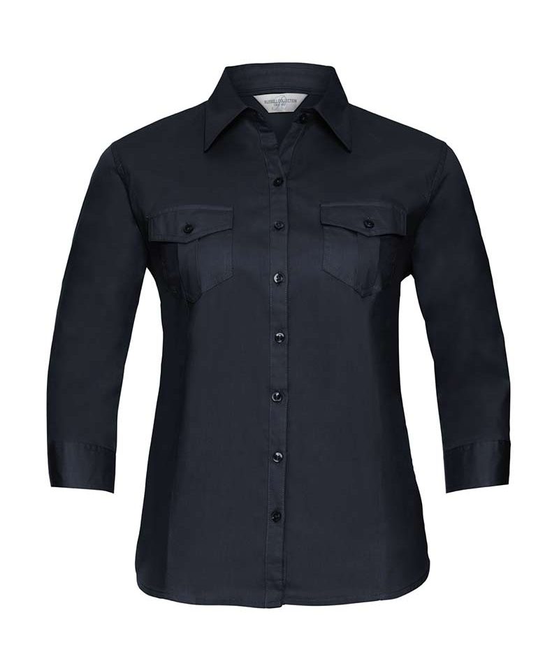 Camicia Donna con manica 3/4 Russell JE918F 10 Camicia-Donna-100%cotone-con-pince-Manica-3-4-con-risvolto-arrotolabile-Russell-JE918F-blu-navy