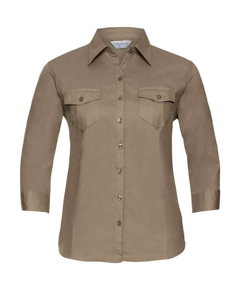 Camicia Donna con manica 3/4 Russell JE918F 9 Camicia-Donna-100%cotone-con-pince-Manica-3-4-con-risvolto-arrotolabile-Russell-JE918F-cachi