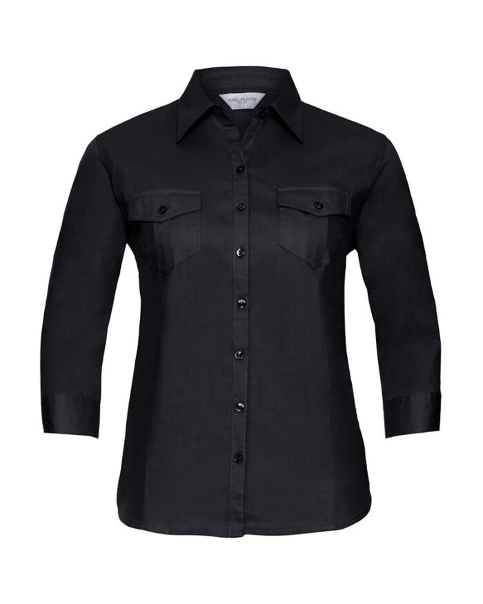Camicia-Donna-100%cotone-con-pince-Manica-3-4-con-risvolto-arrotolabile-Russell-JE918F-nera