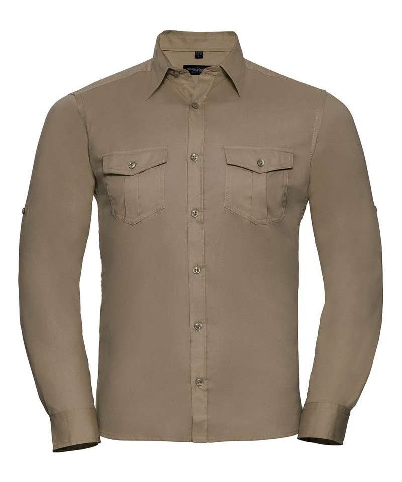 Camicia-Uomo-100%cotone-con-pince-Manica-con-risvolto-arrotolabile-Russell-JE918M-cachi