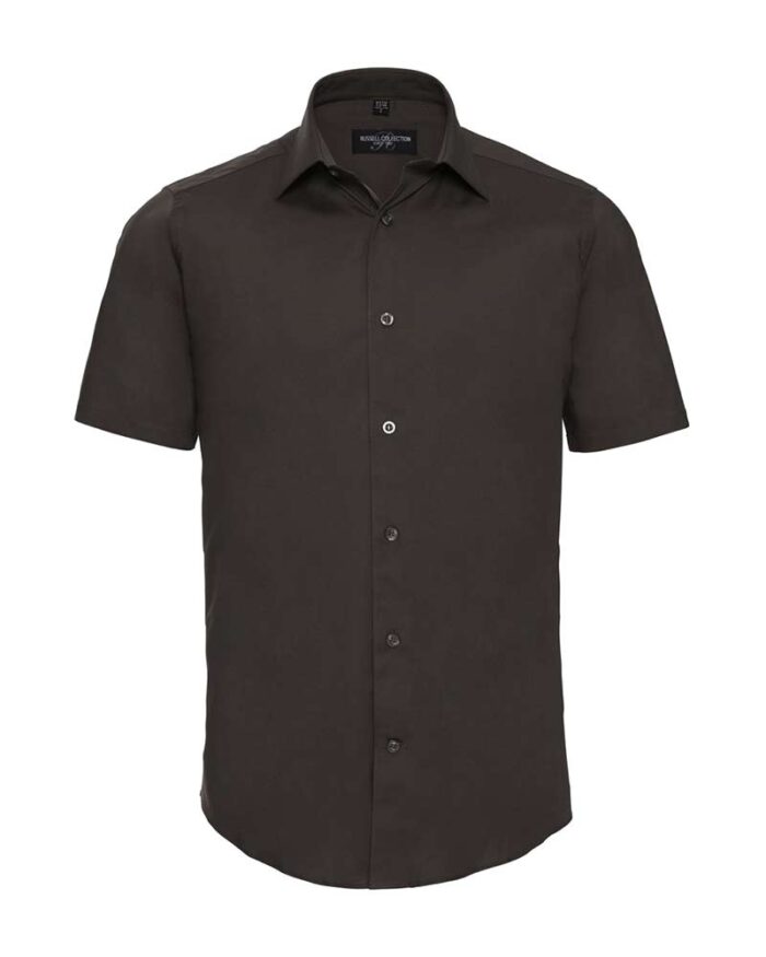 Camicia-Uomo-elegante-colletto-semiaperto-bottone-perlato-manica-corta-Russell-JE947M-marrone-cioccolata