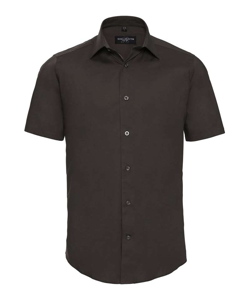 Camicia-Uomo-elegante-colletto-semiaperto-bottone-perlato-manica-corta-Russell-JE947M-marrone-cioccolata
