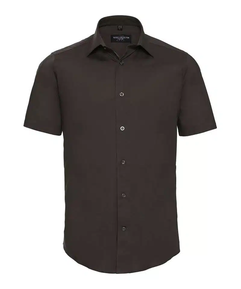 Camicia-Uomo-elegante-colletto-semiaperto-bottone-perlato-manica-corta-Russell-JE947M-marrone-cioccolata