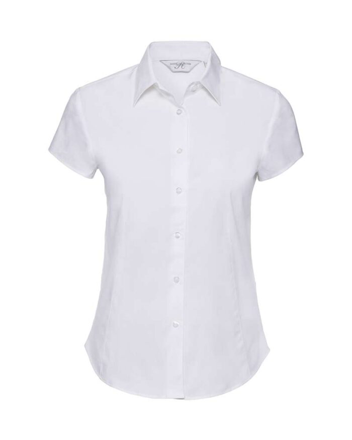 Camicia-donna-elegante-colletto-semiaperto-bottone-perlato-manica-corta-Russell-JE947F-bianco