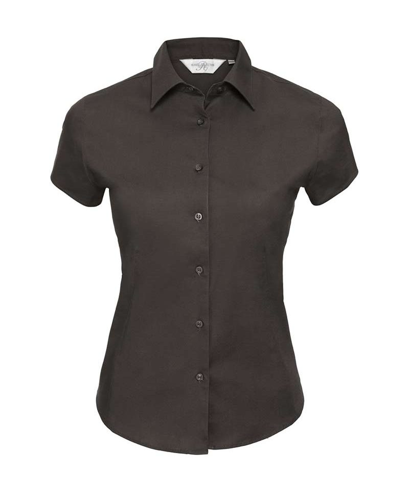 Camicia Donna elegante colletto semiaperto bottone perlato manica corta Russell JE947F 10 Camicia-donna-elegante-colletto-semiaperto-bottone-perlato-manica-corta-Russell-JE947F-marrone-cioccolato