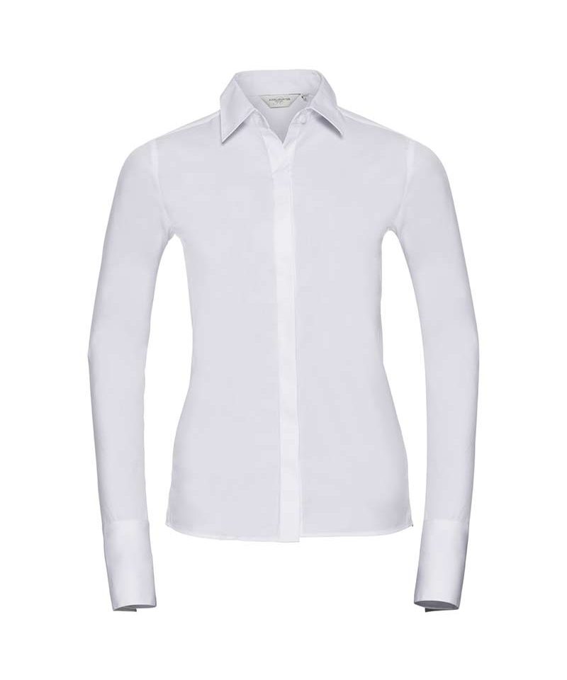 Camicia-elasticizzata-donn-pattina-stretta-polsini-squadrati-manica-lunga-Russell-JE960F-bianca