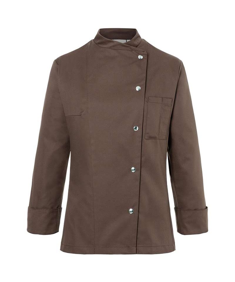 Giacca cuoco aderente Karlowsky KJF3 12 Giacca-cuoco-aderente-polsini-con-spacchetti-laterali-taschino-porta-penne-bottoni-a-pressione-lavaggi-industriali-Karlowsky-KJF3-marrone