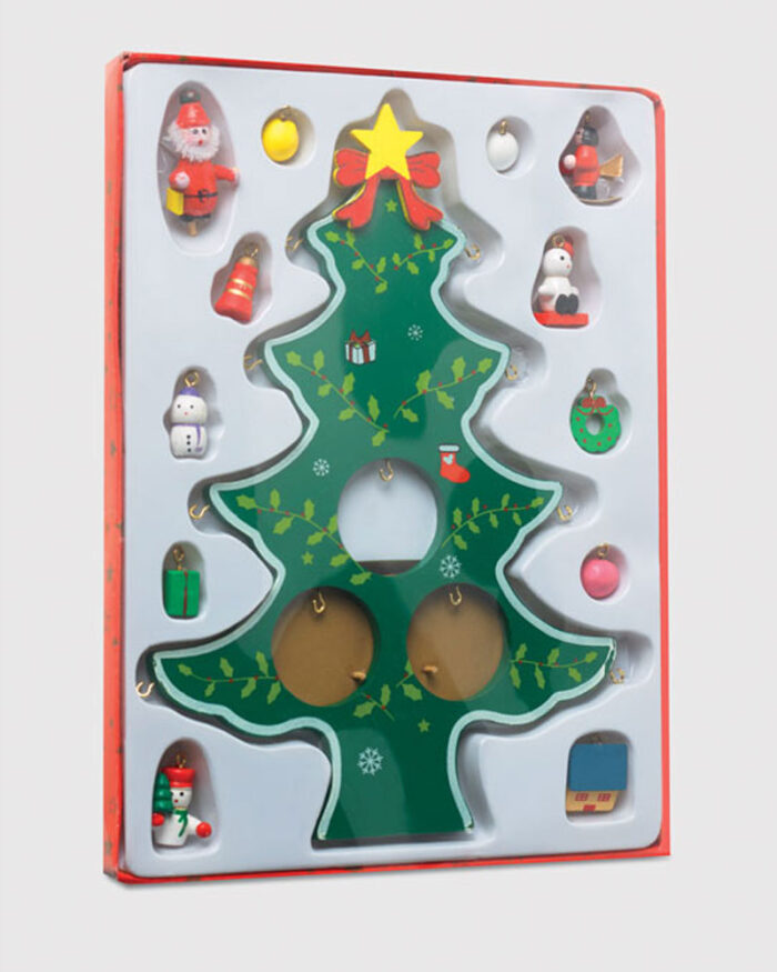 Albero di Natale in legno con 12 differenti decorazioni CX1278